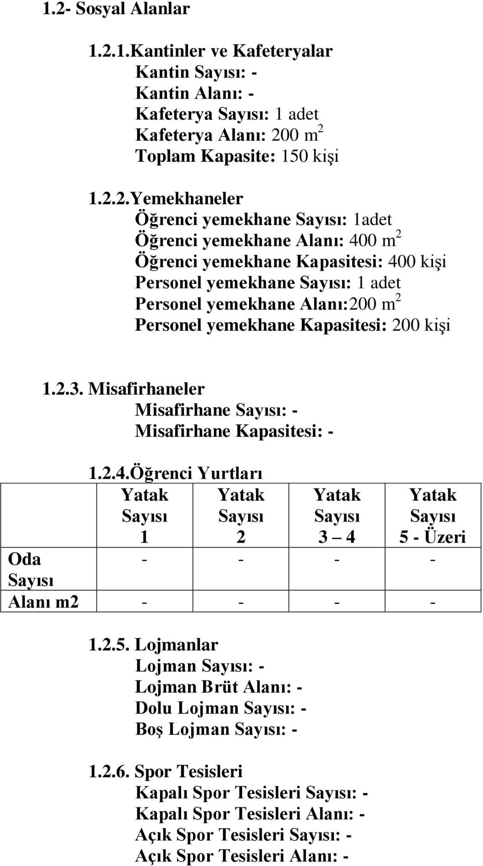 Misafirhaneler Misafirhane Sayısı: - Misafirhane Kapasitesi: - 1.2.4.Öğrenci Yurtları Yatak Yatak Sayısı Sayısı 1 2 Yatak Sayısı 3 4 Yatak Sayısı 5 