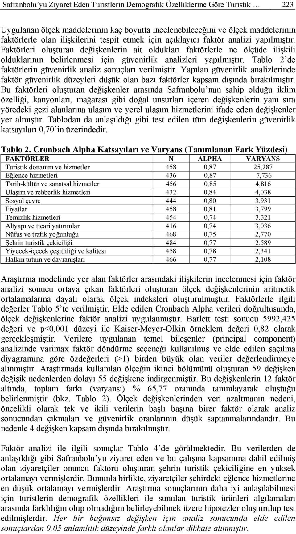 Faktörleri oluşturan değişkenlerin ait oldukları faktörlerle ne ölçüde ilişkili olduklarının belirlenmesi için güvenirlik analizleri yapılmıştır.