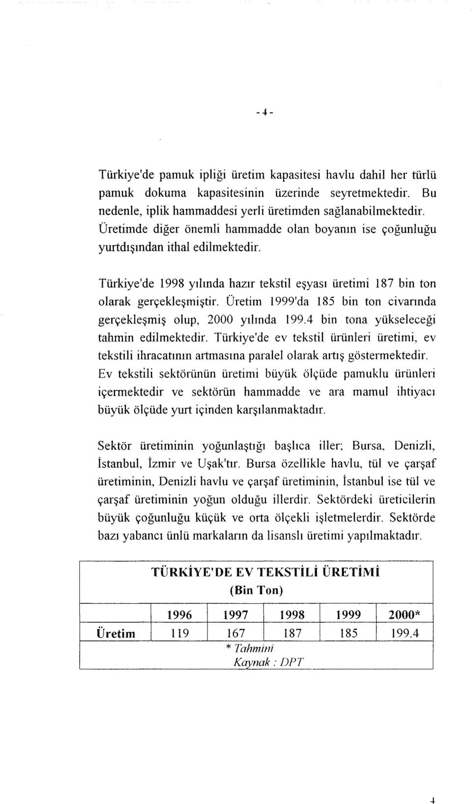 Üretim 1999'da 185 bin ton civarında gerçekleşmiş olup, 2000 yılında 199.4 bin tona yükseleceği tahmin edilmektedir.