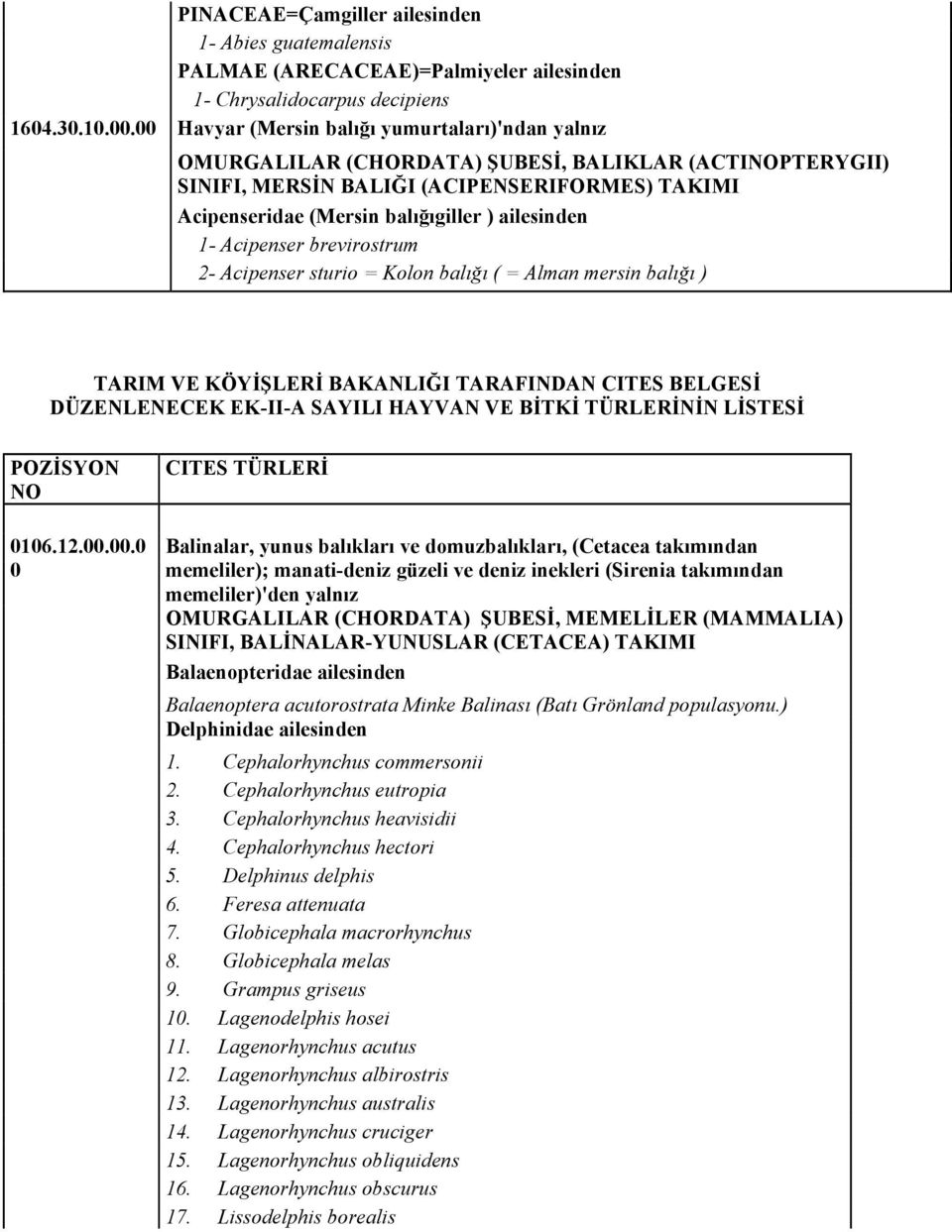 ailesinden 1- Acipenser brevirostrum 2- Acipenser sturio = Kolon balığı ( = Alman mersin balığı ) TARIM VE KÖYİŞLERİ BAKANLIĞI TARAFINDAN CITES BELGESİ DÜZENLENECEK EK-II-A SAYILI HAYVAN VE BİTKİ