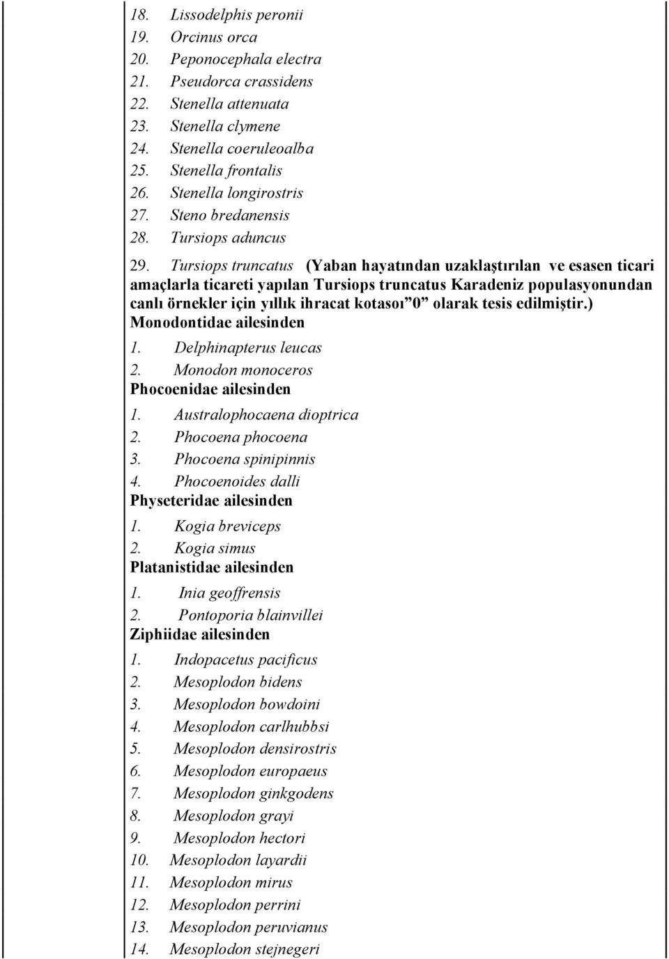 Tursiops truncatus (Yaban hayatından uzaklaştırılan ve esasen ticari amaçlarla ticareti yapılan Tursiops truncatus Karadeniz populasyonundan canlı örnekler için yıllık ihracat kotasoı 0 olarak tesis