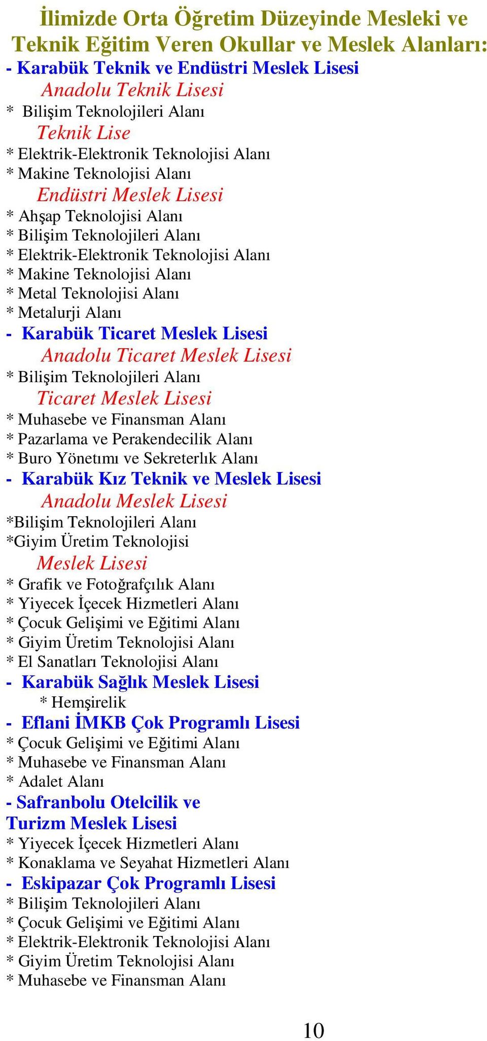 Metalurji Alanı - Karabük Ticaret Meslek Lisesi Anadolu Ticaret Meslek Lisesi * Bilişim Teknolojileri Alanı Ticaret Meslek Lisesi * Muhasebe ve Finansman Alanı * Pazarlama ve Perakendecilik Alanı *