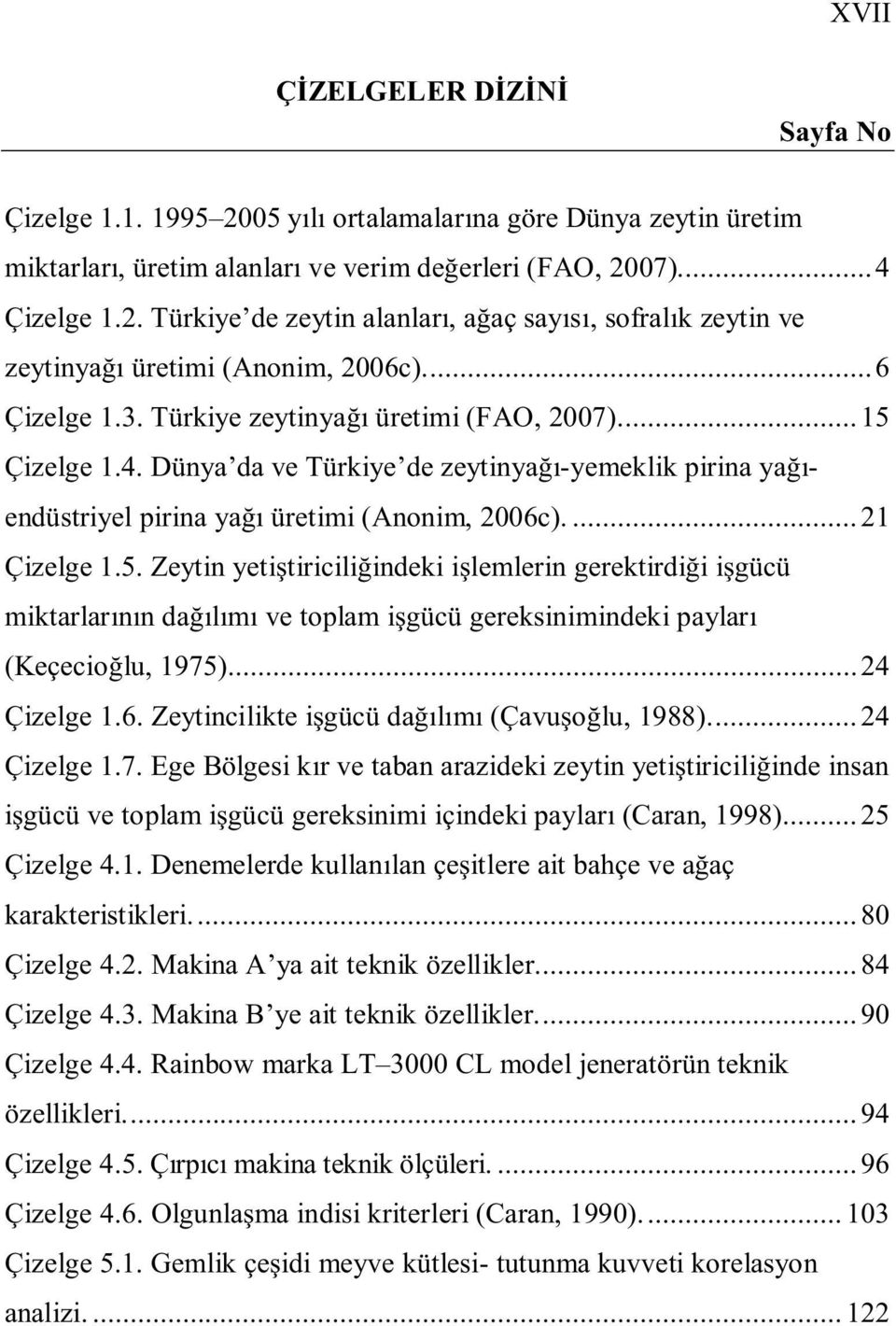 ..24 Çizelge 1.6. Zeytincilikte igücü dalm (Çavuolu, 1988)...24 Çizelge 1.7.