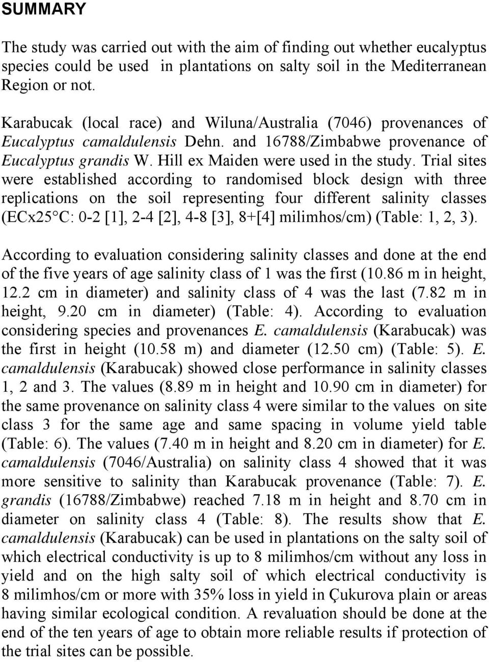 Trial sites were established according to randomised block design with three replications on the soil representing four different salinity classes (ECx25 C: 0-2 [1], 2-4 [2], 4-8 [3], 8+[4]