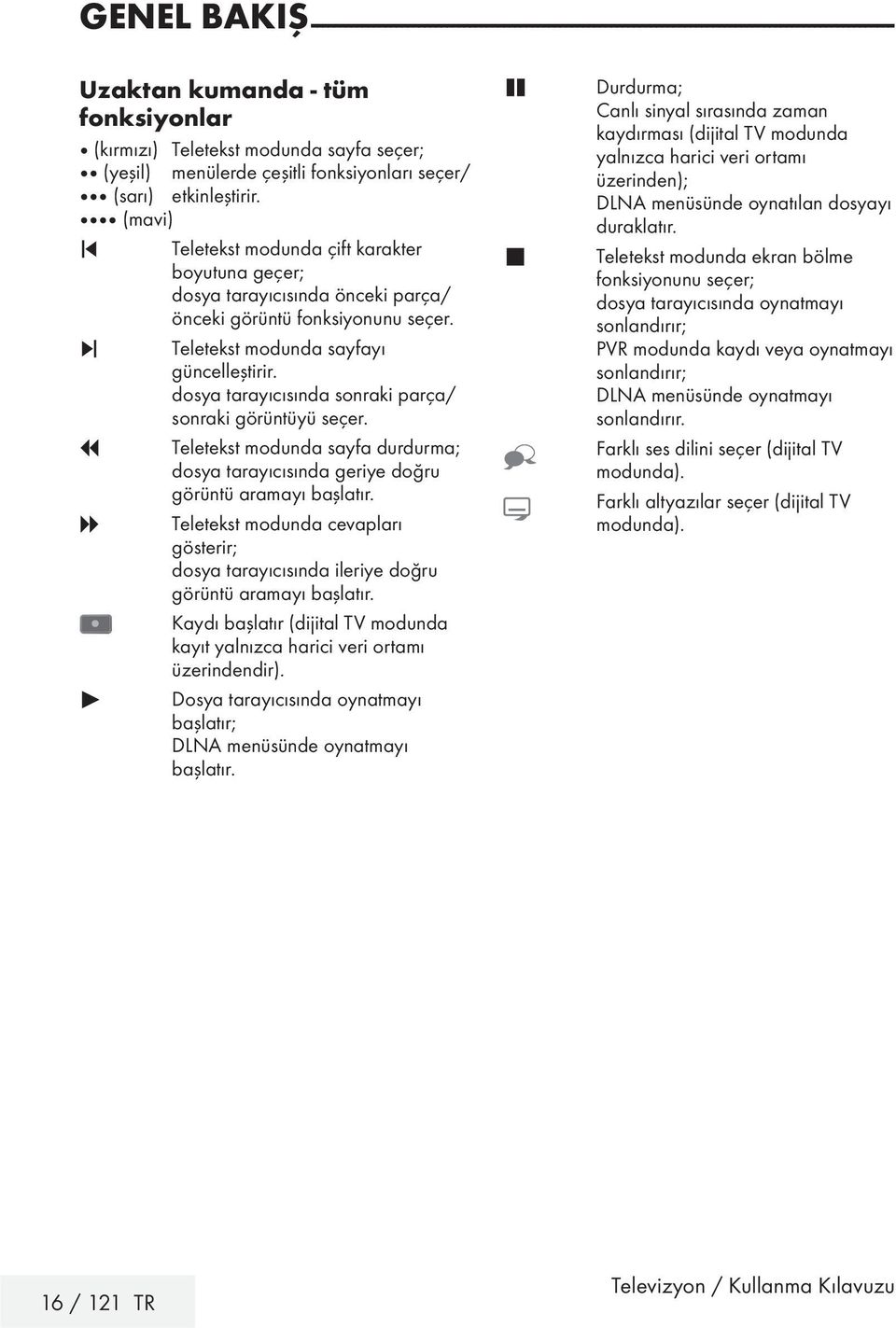 6 Teletekst modunda sayfayı güncelleştirir. dosya tarayıcısında sonraki parça/ sonraki görüntüyü seçer. 3 Teletekst modunda sayfa durdurma; dosya tarayıcısında geriye doğru görüntü aramayı başlatır.