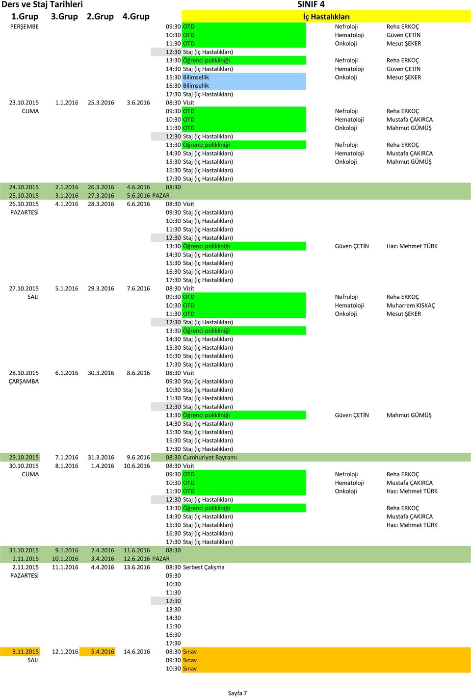3.2016 4.6.2016 08:30 25.10.2015 3.1.2016 27.3.2016 5.6.2016 PAZAR 26.10.2015 4.1.2016 28.3.2016 6.6.2016 08:30 Vizit PAZARTESİ Staj () Staj () Staj () Güven ÇETİN Hacı Mehmet TÜRK 27.10.2015 5.1.2016 29.