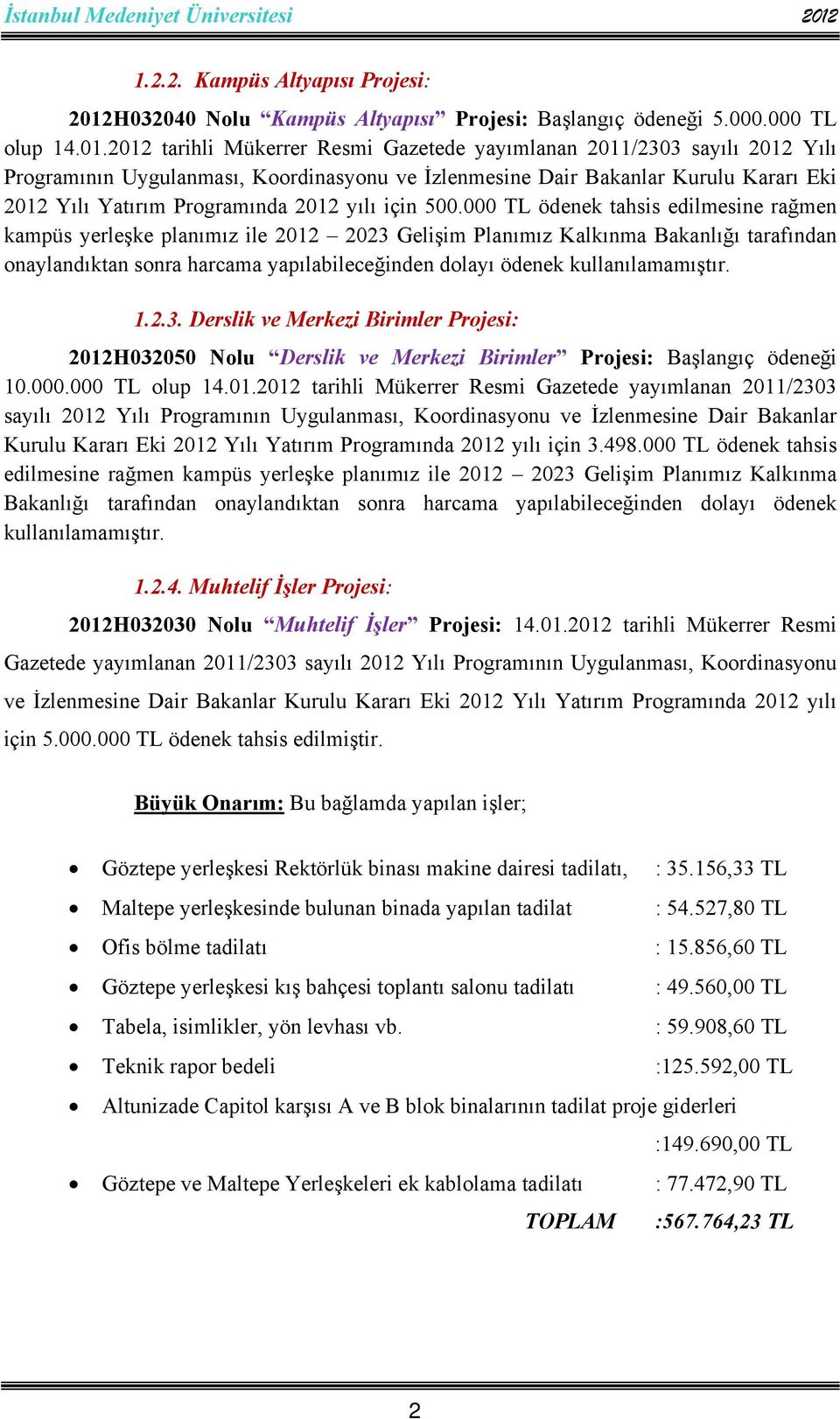 2012 tarihli Mükerrer Resmi Gazetede yayımlanan 2011/2303 sayılı 2012 Yılı Programının Uygulanması, Koordinasyonu ve İzlenmesine Dair Bakanlar Kurulu Kararı Eki 2012 Yılı Yatırım Programında 2012