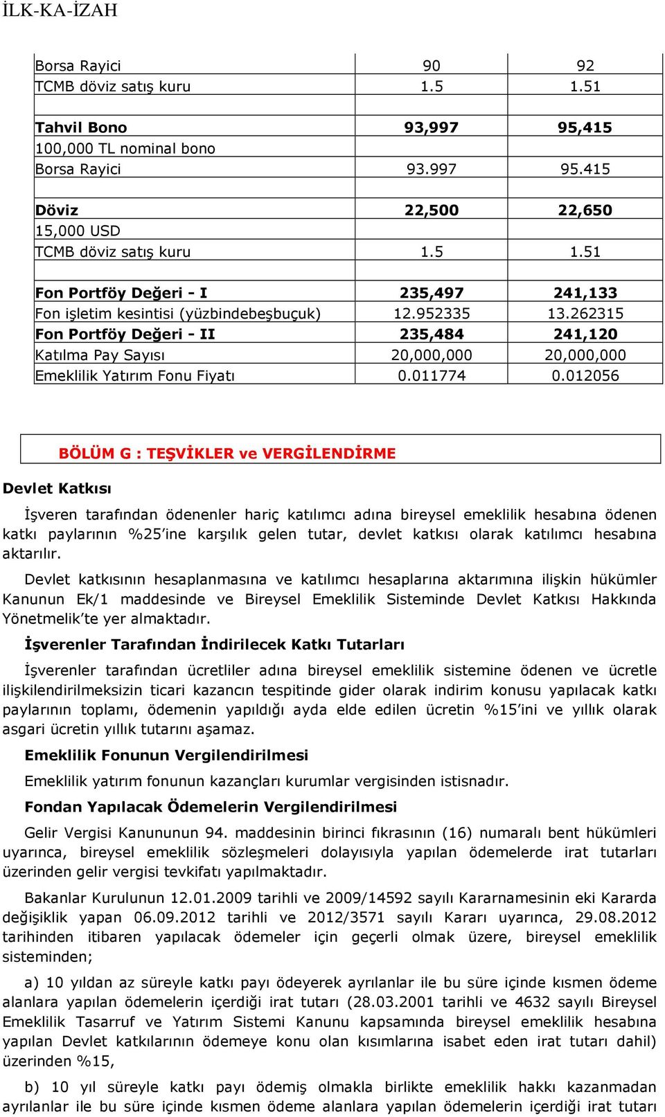 012056 Devlet Katkısı BÖLÜM G : TEŞVİKLER ve VERGİLENDİRME İşveren tarafından ödenenler hariç katılımcı adına bireysel emeklilik hesabına ödenen katkı paylarının %25 ine karşılık gelen tutar, devlet