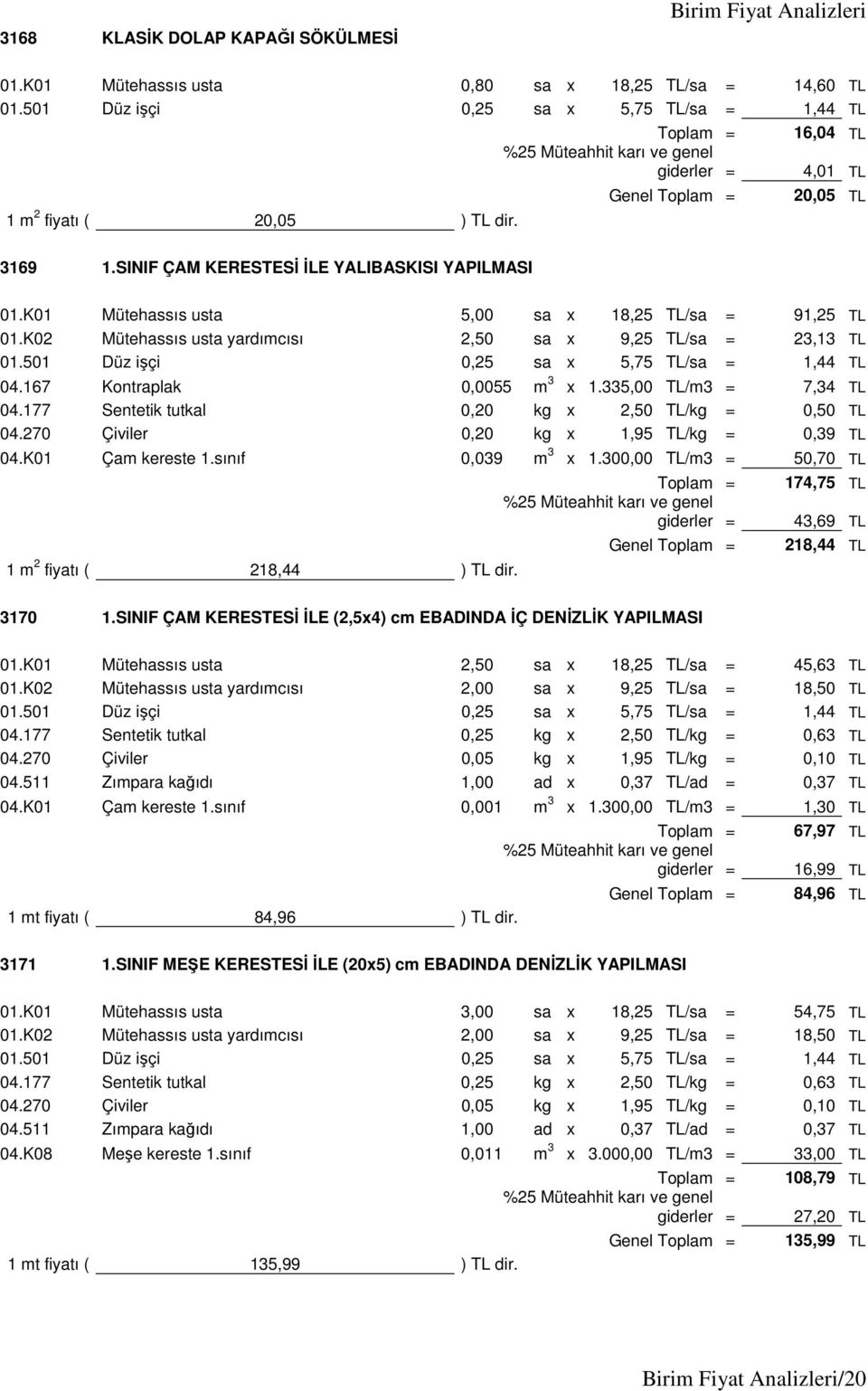 167 Kontraplak 0,0055 m 3 x 1.335,00 TL/m3 = 7,34 TL 04.177 Sentetik tutkal 0,20 kg x 2,50 TL/kg = 0,50 TL 04.270 Çiviler 0,20 kg x 1,95 TL/kg = 0,39 TL 04.K01 Çam kereste 1.sınıf 0,039 m 3 x 1.