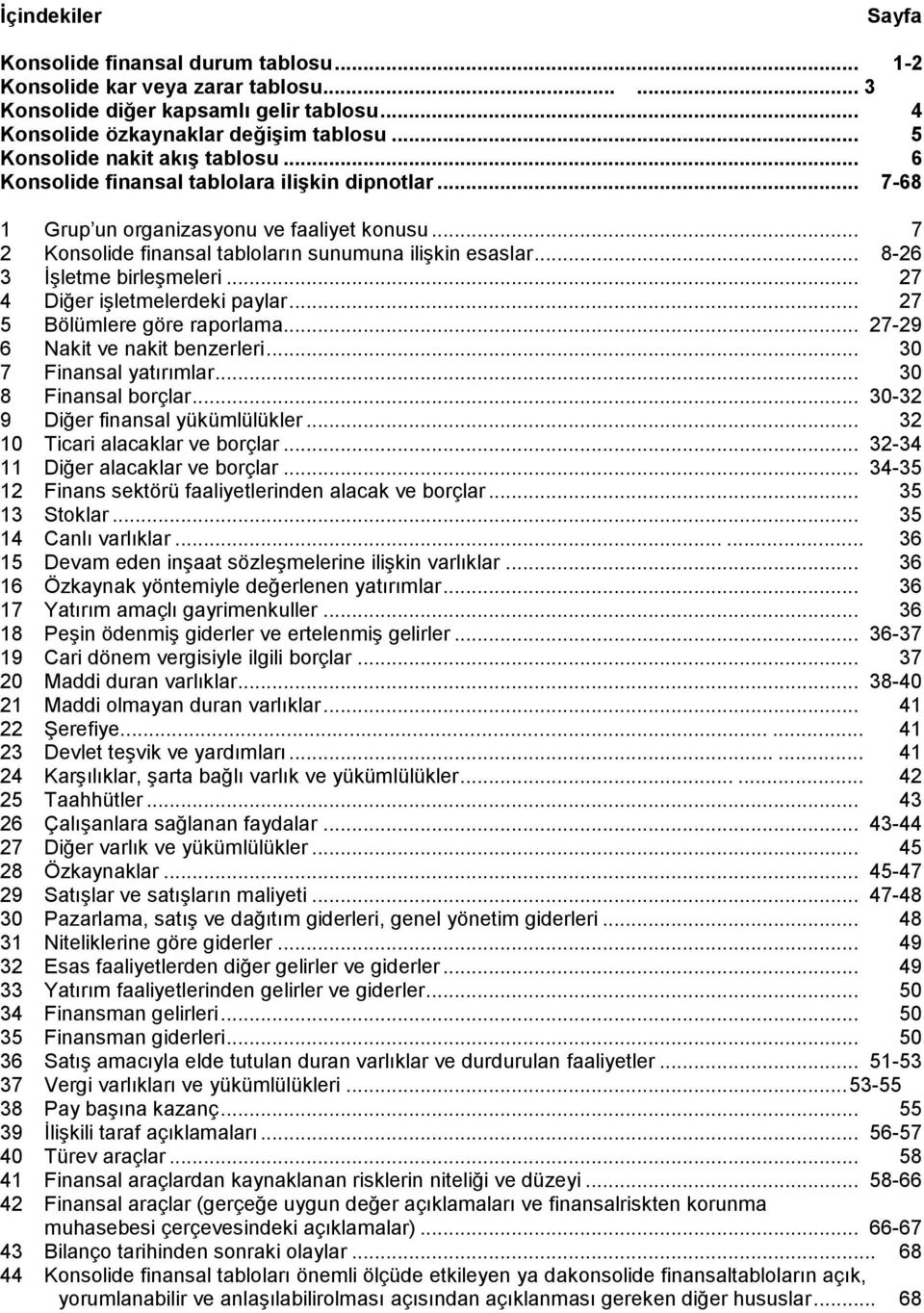 .. 8-26 3 İşletme birleşmeleri... 27 4 Diğer işletmelerdeki paylar... 27 5 Bölümlere göre raporlama... 27-29 6 Nakit ve nakit benzerleri... 30 7 Finansal yatırımlar... 30 8 Finansal borçlar.