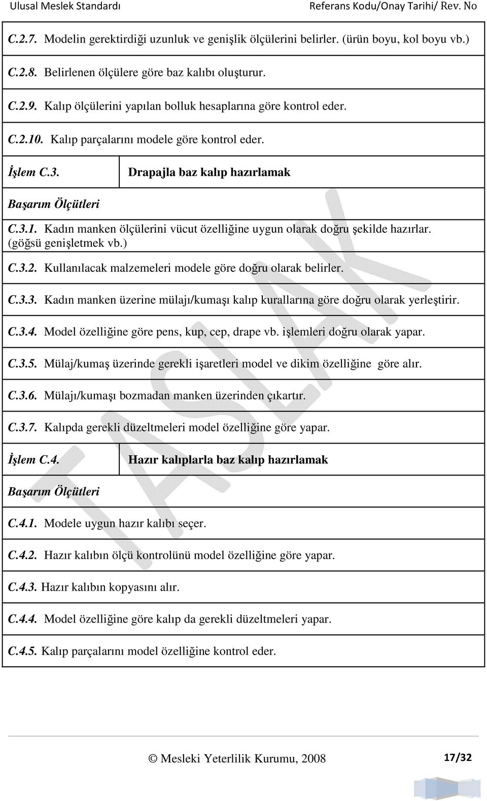 (göğsü genişletmek vb.) C.3.2. Kullanılacak malzemeleri modele göre doğru olarak belirler. C.3.3. Kadın manken üzerine mülajı/kumaşı kalıp kurallarına göre doğru olarak yerleştirir. C.3.4.