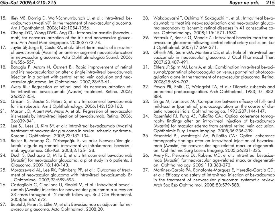 Jayter SP, Jorge R, Costa RA, et al.: Short-term results of intravitreal bevacizumab (Avastin) on anterior segment neovascularization in neovascular glaucoma. Acta Ophthalmologica Scand.