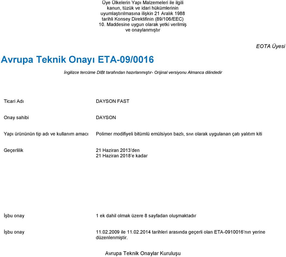 DAYSON FAST Onay sahibi DAYSON Yapı ürününün tip adı ve kullanım amacı Polimer modifiyeli bitümlü emülsiyon bazlı, sıvı olarak uygulanan çatı yalıtım kiti Geçerlilik 21 Haziran 2013 den 21