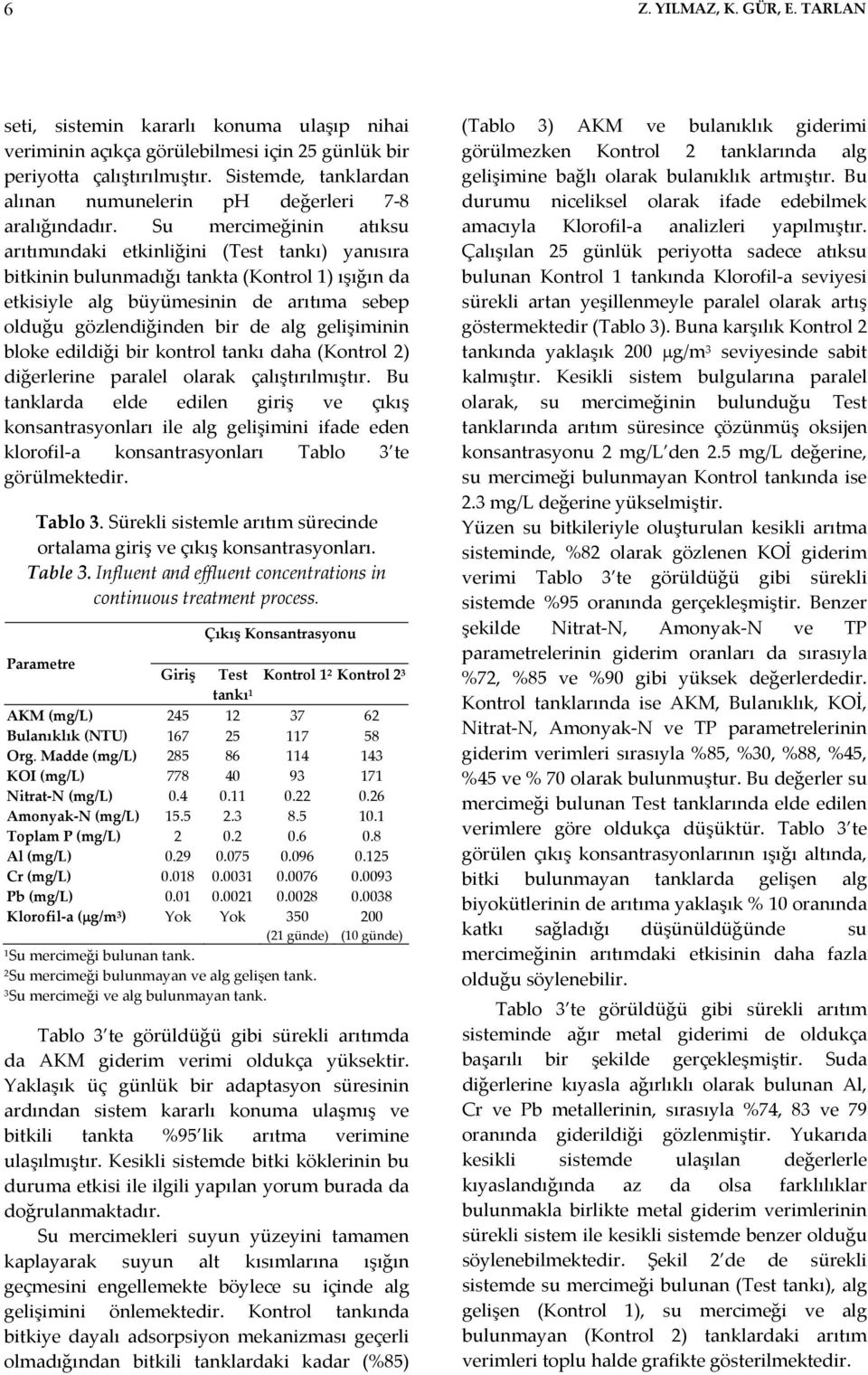 Su mercimeğinin atıksu arıtımındaki etkinliğini (Test tankı) yanısıra bitkinin bulunmadığı tankta (Kontrol 1) ışığın da etkisiyle alg büyümesinin de arıtıma sebep olduğu gözlendiğinden bir de alg