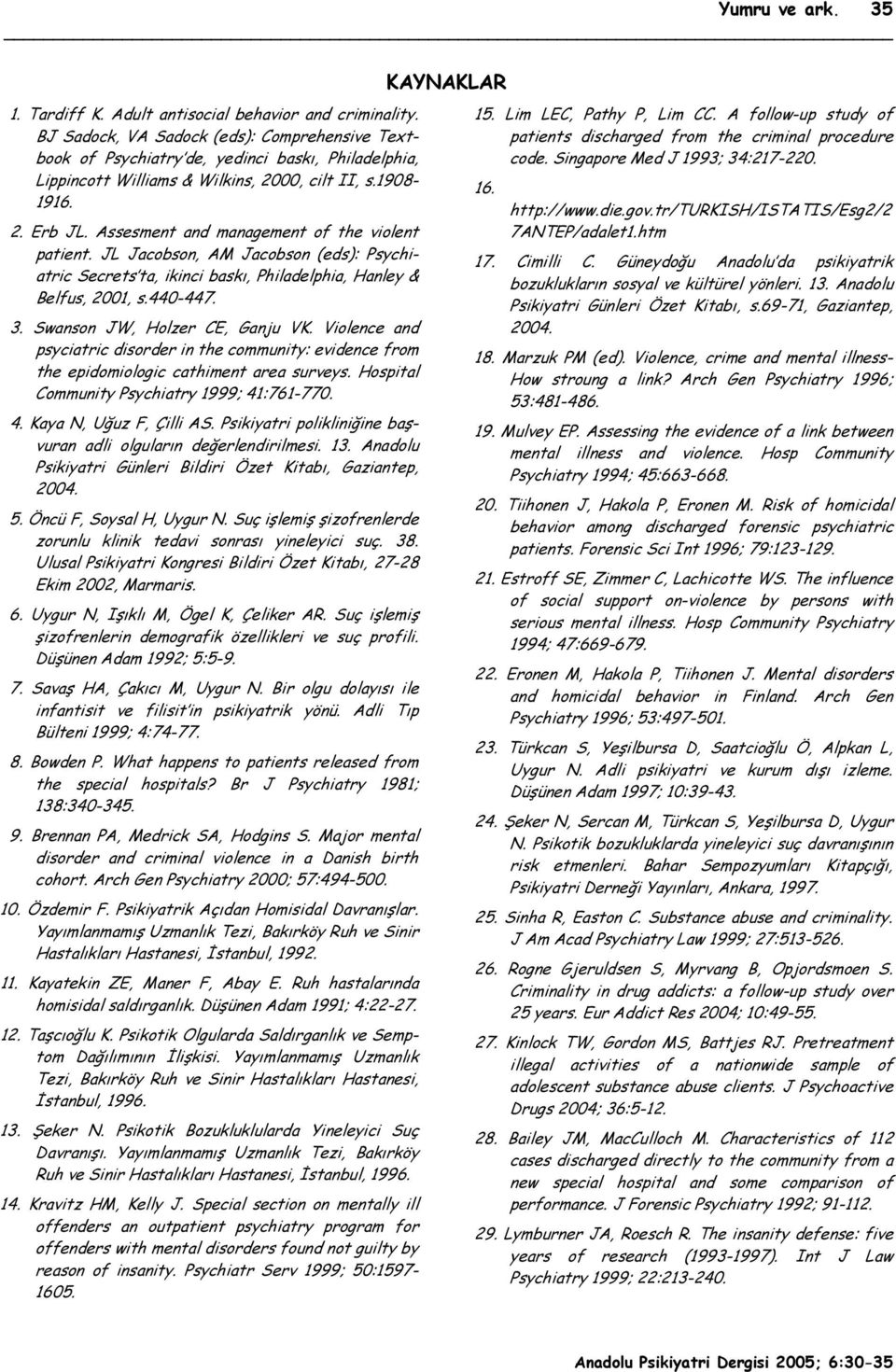 Assesment and management of the violent patient. JL Jacobson, AM Jacobson (eds): Psychiatric Secrets ta, ikinci baskı, Philadelphia, Hanley & Belfus, 2001, s.440-447. 3.