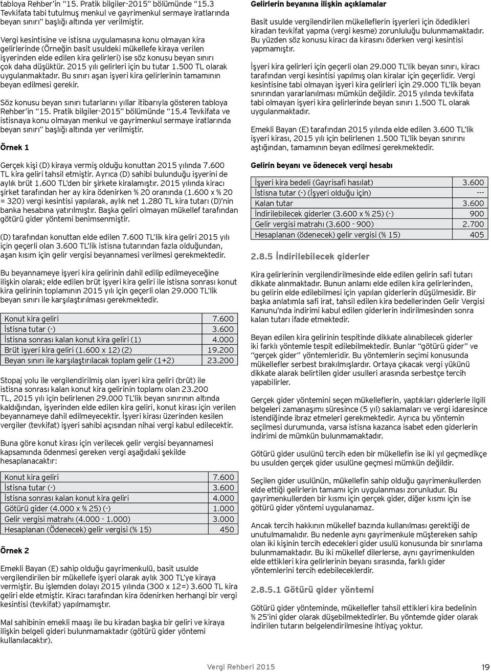 düşüktür. 2015 yılı gelirleri için bu tutar 1.500 TL olarak uygulanmaktadır. Bu sınırı aşan işyeri kira gelirlerinin tamamının beyan edilmesi gerekir.