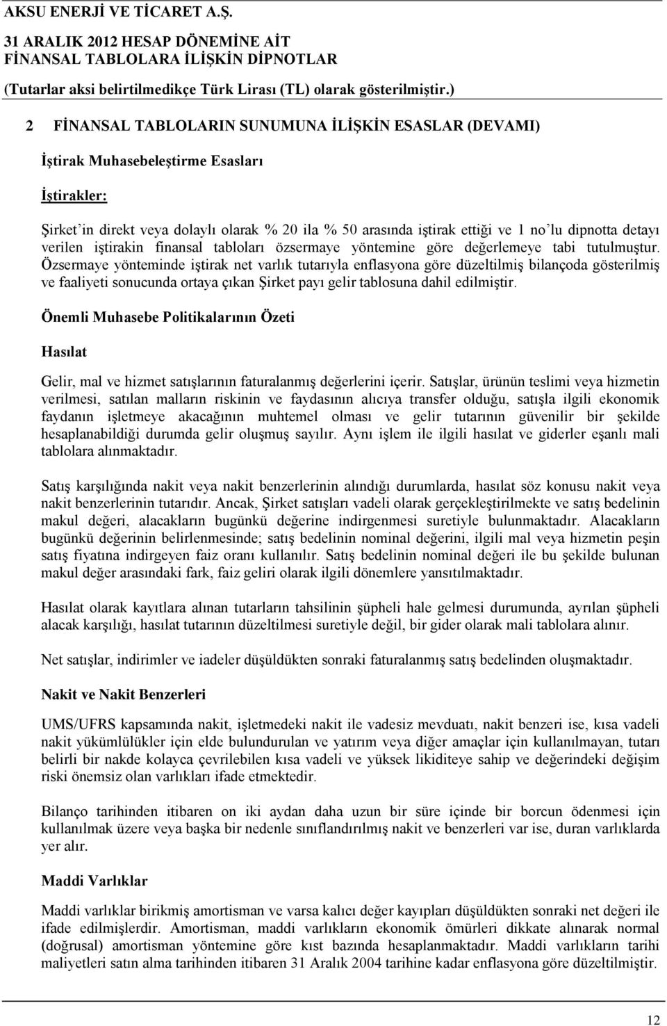 Özsermaye yönteminde iştirak net varlık tutarıyla enflasyona göre düzeltilmiş bilançoda gösterilmiş ve faaliyeti sonucunda ortaya çıkan Şirket payı gelir tablosuna dahil edilmiştir.