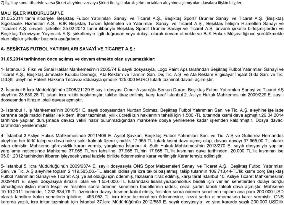 Ş., Beşiktaş İletişim Hizmetleri Sanayi ve Ticaaret A.Ş. ünvanlı şirketler 25.02.2013 tarihi itibariyle Beşiktaş Sportif Ürünler Sanayi ve Ticaret A.Ş. ünvanlı şirketle birleşmişlerdir) ve Beşiktaş Televizyon Yayıncılık A.