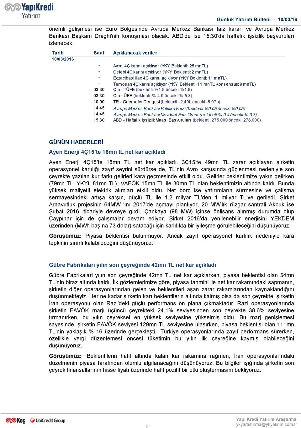 Tarih Saat Açıklanacak veriler 10/03/2016 - Ayen 4Ç karını açıklıyor (YKY Beklenti: 25 mntl) - Çelebi 4Ç karını açıklıyor (YKY Beklenti: 2 mntl) - Eczacibasi İlac 4Ç karını açıklıyor (YKY Beklenti: