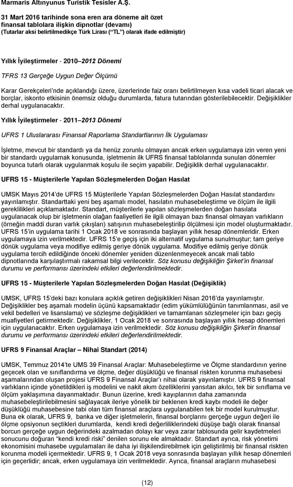 Yıllık İyileştirmeler - 2011 2013 Dönemi UFRS 1 Uluslararası Finansal Raporlama Standartlarının İlk Uygulaması İşletme, mevcut bir standardı ya da henüz zorunlu olmayan ancak erken uygulamaya izin