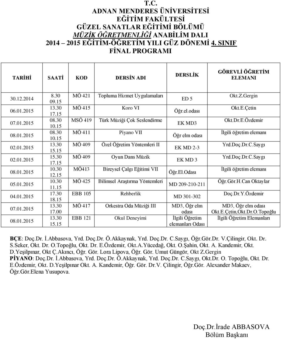 00 MÖ 421 MÖ 415 MSÖ 419 MÖ 411 MÖ 409 MÖ 409 MÖ413 MÖ 425 EBB 105 Topluma Hizmet Uygulamaları Koro VI Türk Müziği Çok Seslendirme Piyano VII Özel Öğretim Yöntemleri II Oyun Dans Müzik Bireysel Çalgı