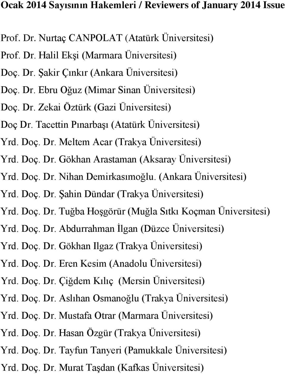 Doç. Dr. Nihan Demirkasımoğlu. (Ankara Üniversitesi) Yrd. Doç. Dr. Şahin Dündar (Trakya Üniversitesi) Yrd. Doç. Dr. Tuğba Hoşgörür (Muğla Sıtkı Koçman Üniversitesi) Yrd. Doç. Dr. Abdurrahman İlgan (Düzce Üniversitesi) Yrd.