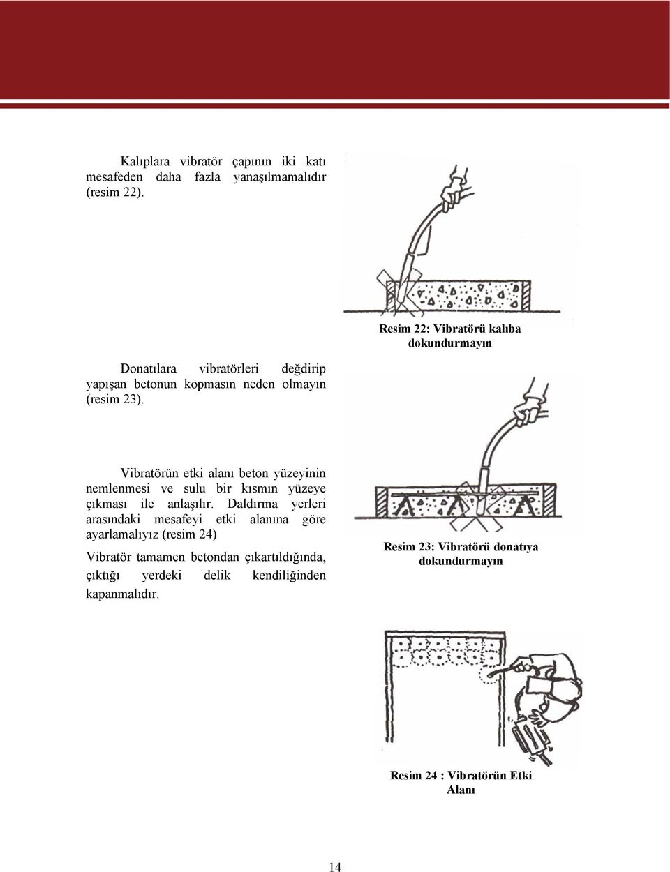 Vibratörün etki alanı beton yüzeyinin nemlenmesi ve sulu bir kısmın yüzeye çıkması ile anlaşılır.