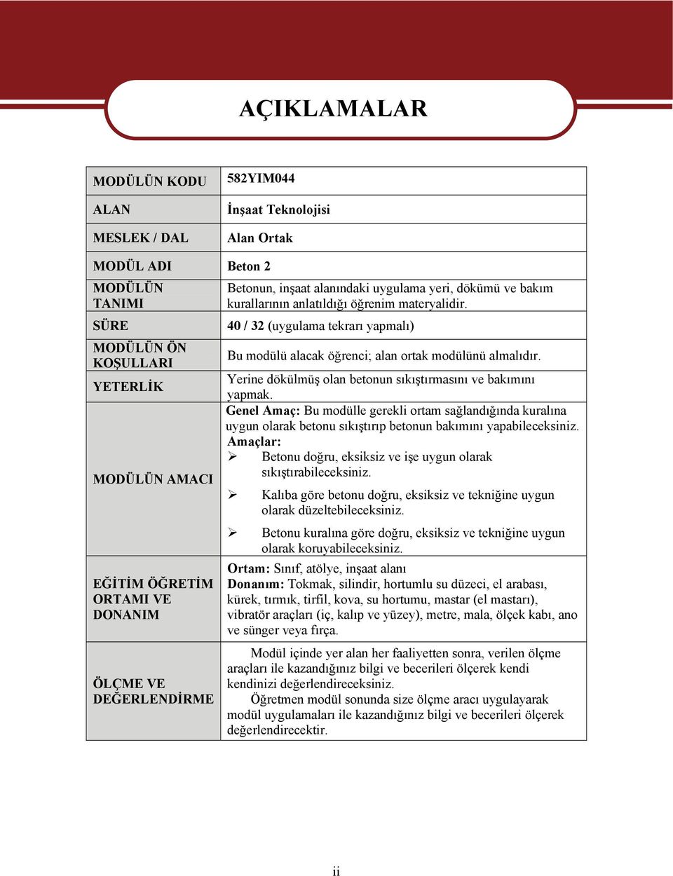 40 / 32 (uygulama tekrarı yapmalı) Bu modülü alacak öğrenci; alan ortak modülünü almalıdır. Yerine dökülmüş olan betonun sıkıştırmasını ve bakımını yapmak.