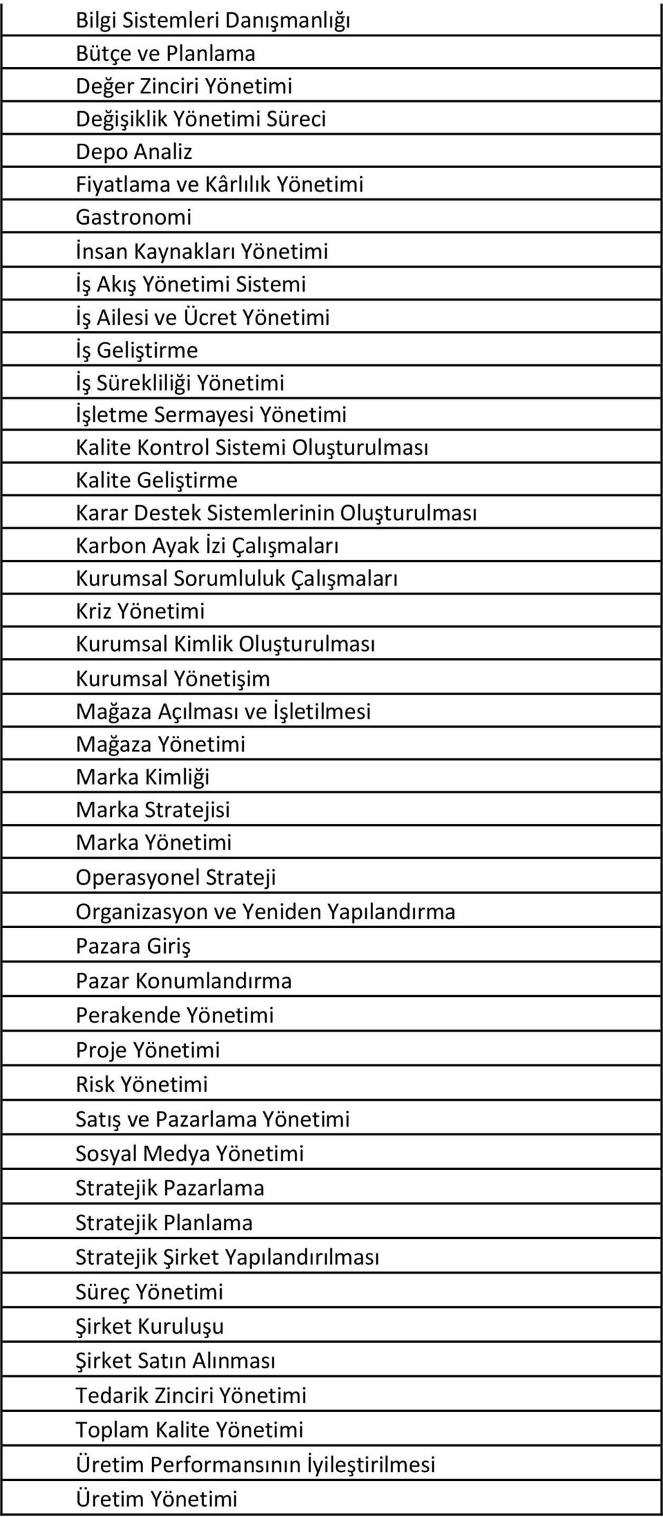 Karbon Ayak İzi Çalışmaları Kurumsal Sorumluluk Çalışmaları Kriz Yönetimi Kurumsal Kimlik Oluşturulması Kurumsal Yönetişim Mağaza Açılması ve İşletilmesi Mağaza Yönetimi Marka Kimliği Marka