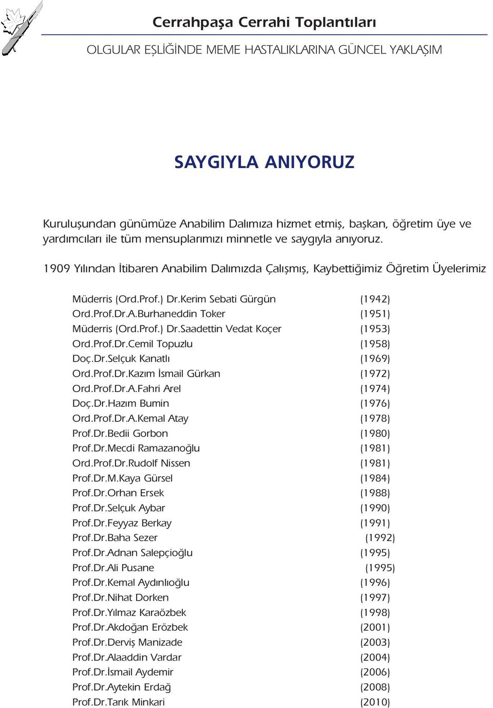 Prof.) Dr.Saadettin Vedat Koçer (1953) Ord.Prof.Dr.Cemil Topuzlu (1958) Doç.Dr.Selçuk Kanatl (1969) Ord.Prof.Dr.Kaz m smail Gürkan (1972) Ord.Prof.Dr.A.Fahri Arel (1974) Doç.Dr.Haz m Bumin (1976) Ord.