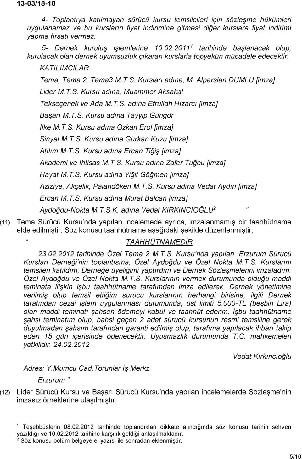 Kursları adına, M. Alparslan DUMLU [imza] Lider M.T.S. Kursu adına, Muammer Aksakal Tekseçenek ve Ada M.T.S. adına Efrullah Hızarcı [imza] Başarı M.T.S. Kursu adına Tayyip Güngör İlke M.T.S. Kursu adına Özkan Erol [imza] Sinyal M.