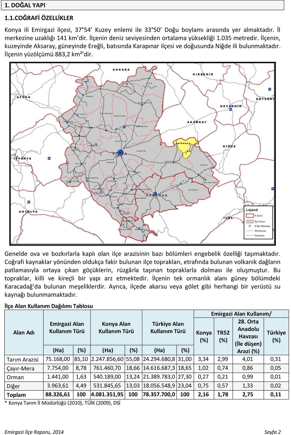 İlçenin yüzölçümü 883,2 km² dir. Genelde ova ve bozkırlarla kaplı olan ilçe arazisinin bazı bölümleri engebelik özelliği taşımaktadır.