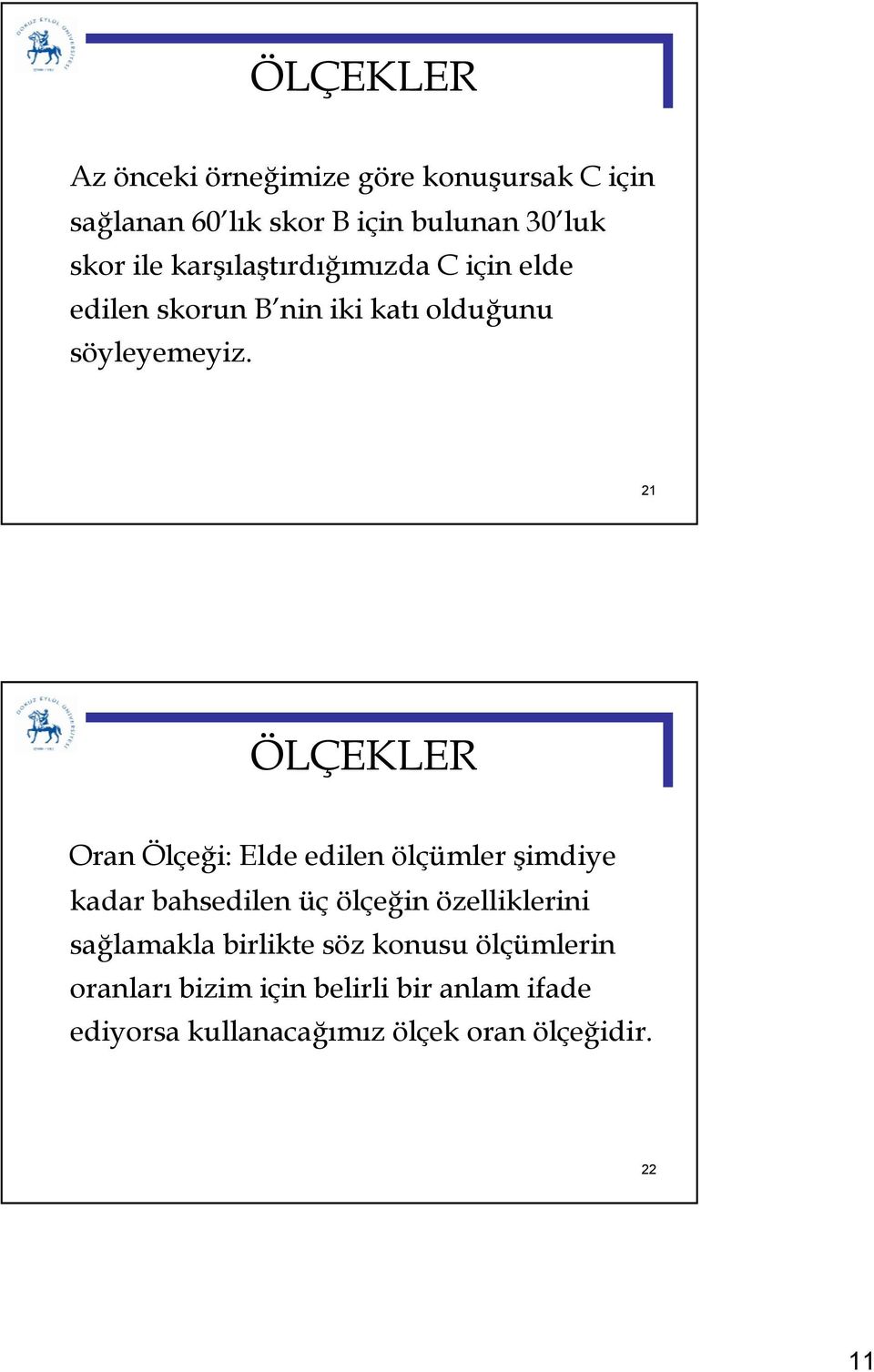 21 Oran Ölçei: Elde edilen ölçümler imdiye kadar bahsedilen üç ölçein özelliklerini salamakla