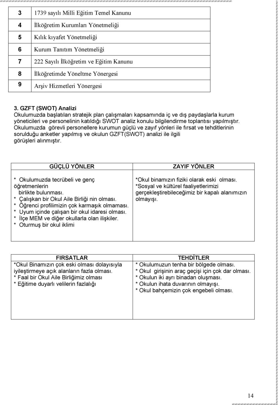 GZFT (SWOT) Analizi Okulumuzda başlatılan stratejik plan çalışmaları kapsamında iç ve dış paydaşlarla kurum yöneticileri ve personelinin katıldığı SWOT analiz konulu bilgilendirme toplantısı