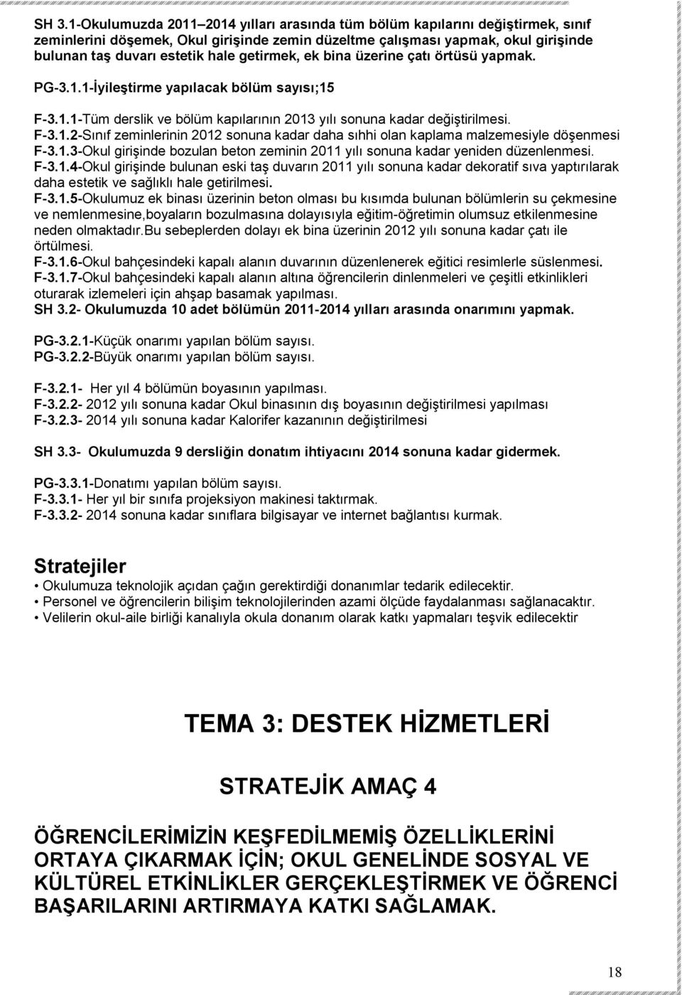 1.3-Okul girişinde bozulan beton zeminin 2011 yılı sonuna kadar yeniden düzenlenmesi. F-3.1.4-Okul girişinde bulunan eski taş duvarın 2011 yılı sonuna kadar dekoratif sıva yaptırılarak daha estetik ve sağlıklı hale getirilmesi.