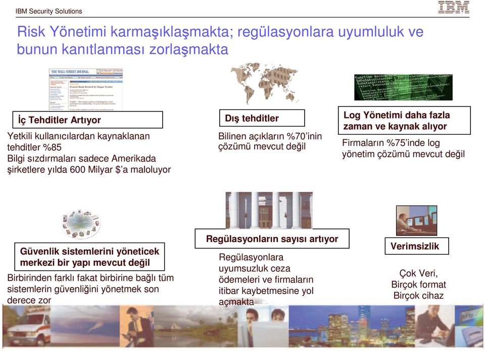 Firmaların %75 inde log yönetim çözümü mevcut deil Güvenlik sistemlerini yöneticek merkezi bir yapı mevcut deil Birbirinden farklıfakat birbirine balıtüm sistemlerin güvenliini