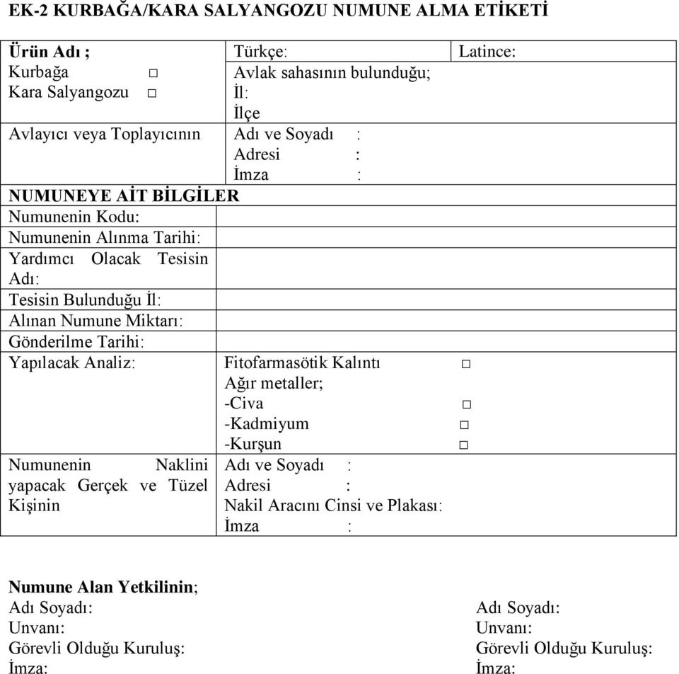 Gönderilme Tarihi: Yapılacak Analiz: Fitofarmasötik Kalıntı Ağır metaller; Numunenin Naklini yapacak Gerçek ve Tüzel Kişinin -Civa -Kadmiyum -Kurşun Adı ve Soyadı :