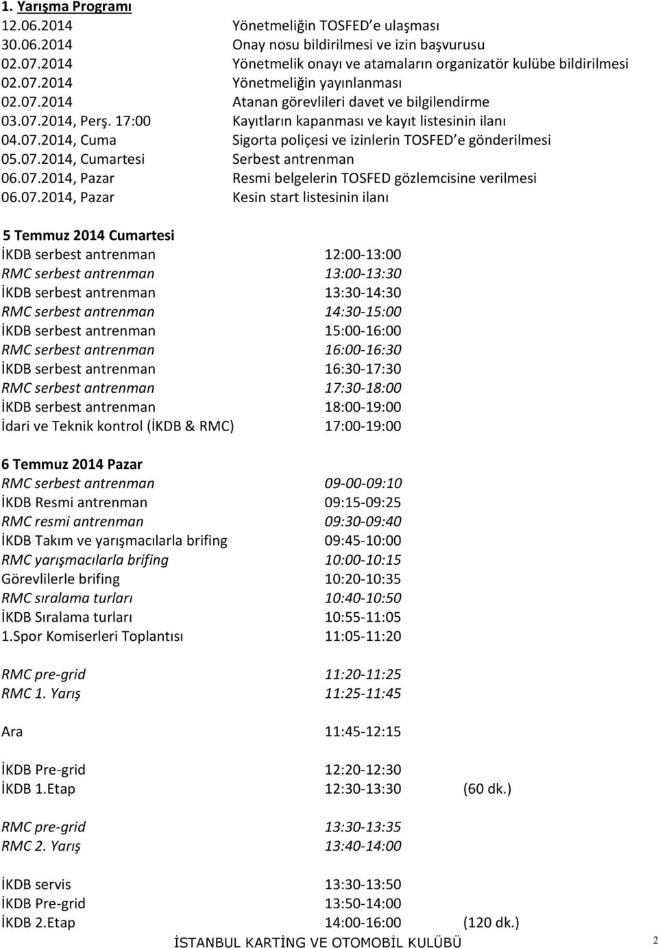 07.2014, Pazar Resmi belgelerin TOSFED gözlemcisine verilmesi 06.07.2014, Pazar Kesin start listesinin ilanı 5 Temmuz 2014 Cumartesi İKDB serbest antrenman 12:00-13:00 RMC serbest antrenman