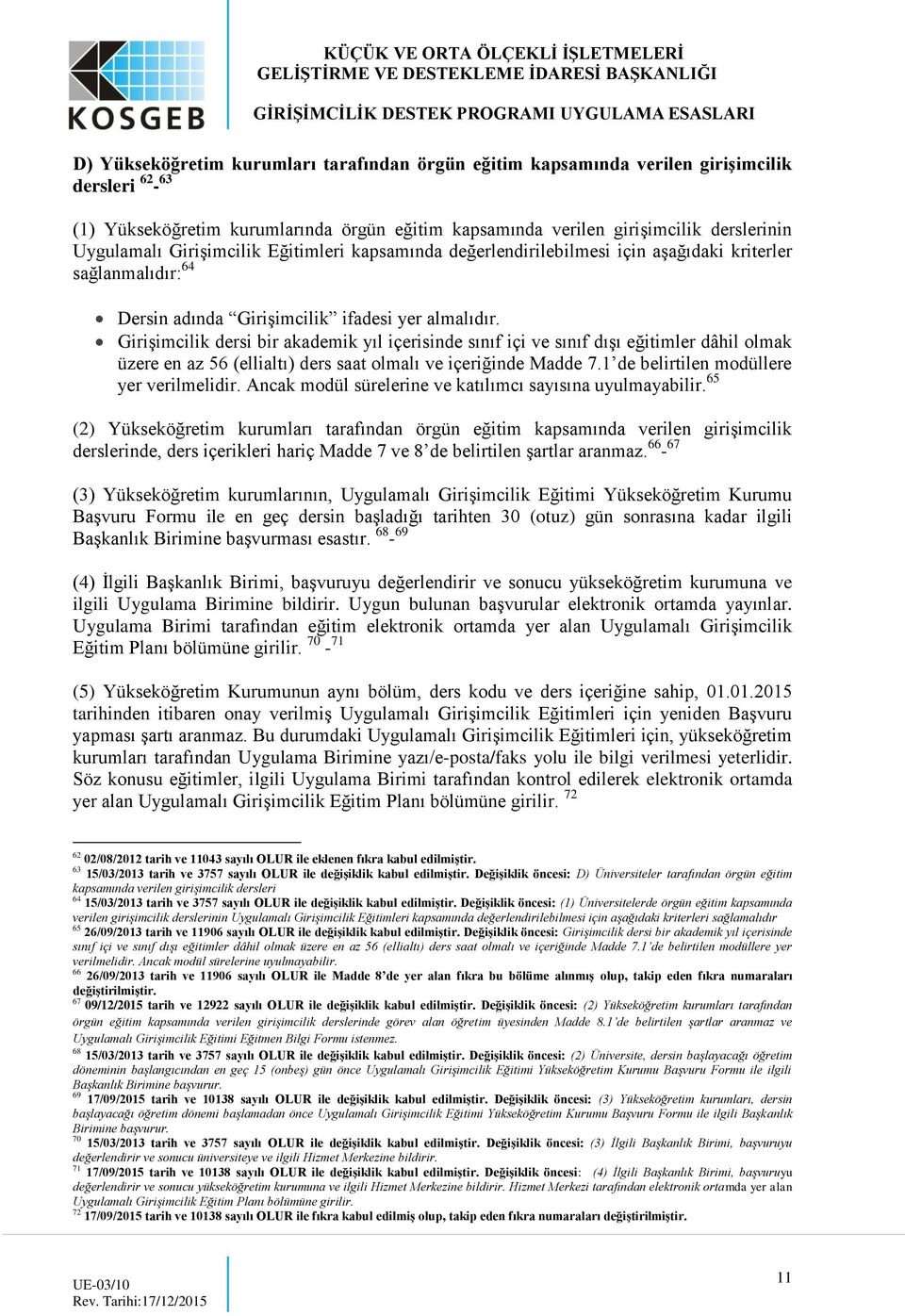 Girişimcilik dersi bir akademik yıl içerisinde sınıf içi ve sınıf dışı eğitimler dâhil olmak üzere en az 56 (ellialtı) ders saat olmalı ve içeriğinde Madde 7.