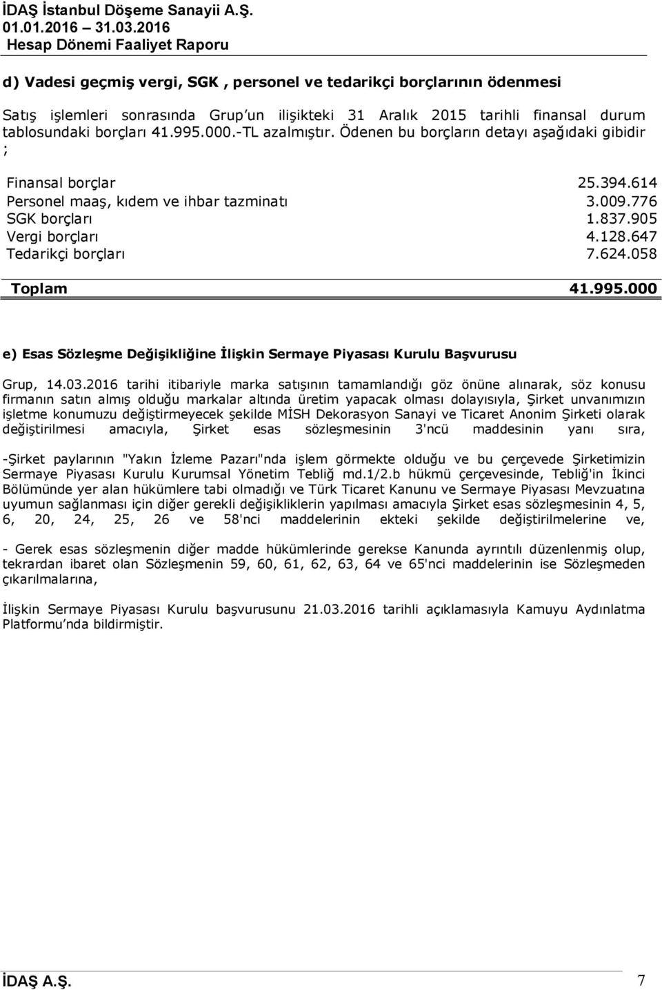 647 Tedarikçi borçları 7.624.058 Toplam 41.995.000 e) Esas Sözleşme Değişikliğine İlişkin Sermaye Piyasası Kurulu Başvurusu Grup, 14.03.