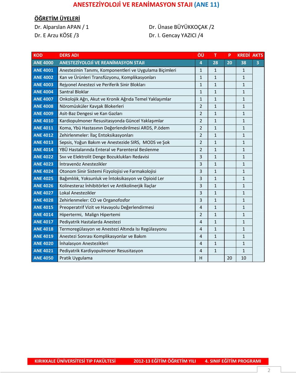 Ürünleri Transfüzyonu, Komplikasyonları 1 1 1 ANE 4003 Rejyonel Anestezi ve Periferik Sinir Blokları 1 1 1 ANE 4004 Santral Bloklar 1 1 1 ANE 4007 Onkolojik Ağrı, Akut ve Kronik Ağrıda Temel