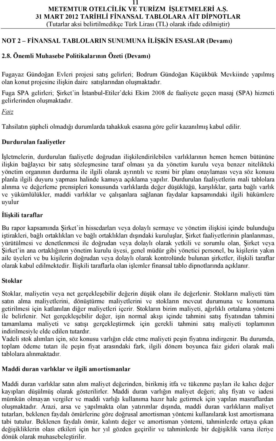 oluşmaktadır. Fuga SPA gelirleri; Şirket in Đstanbul-Etiler deki Ekim 2008 de faaliyete geçen masaj (SPA) hizmeti gelirlerinden oluşmaktadır.