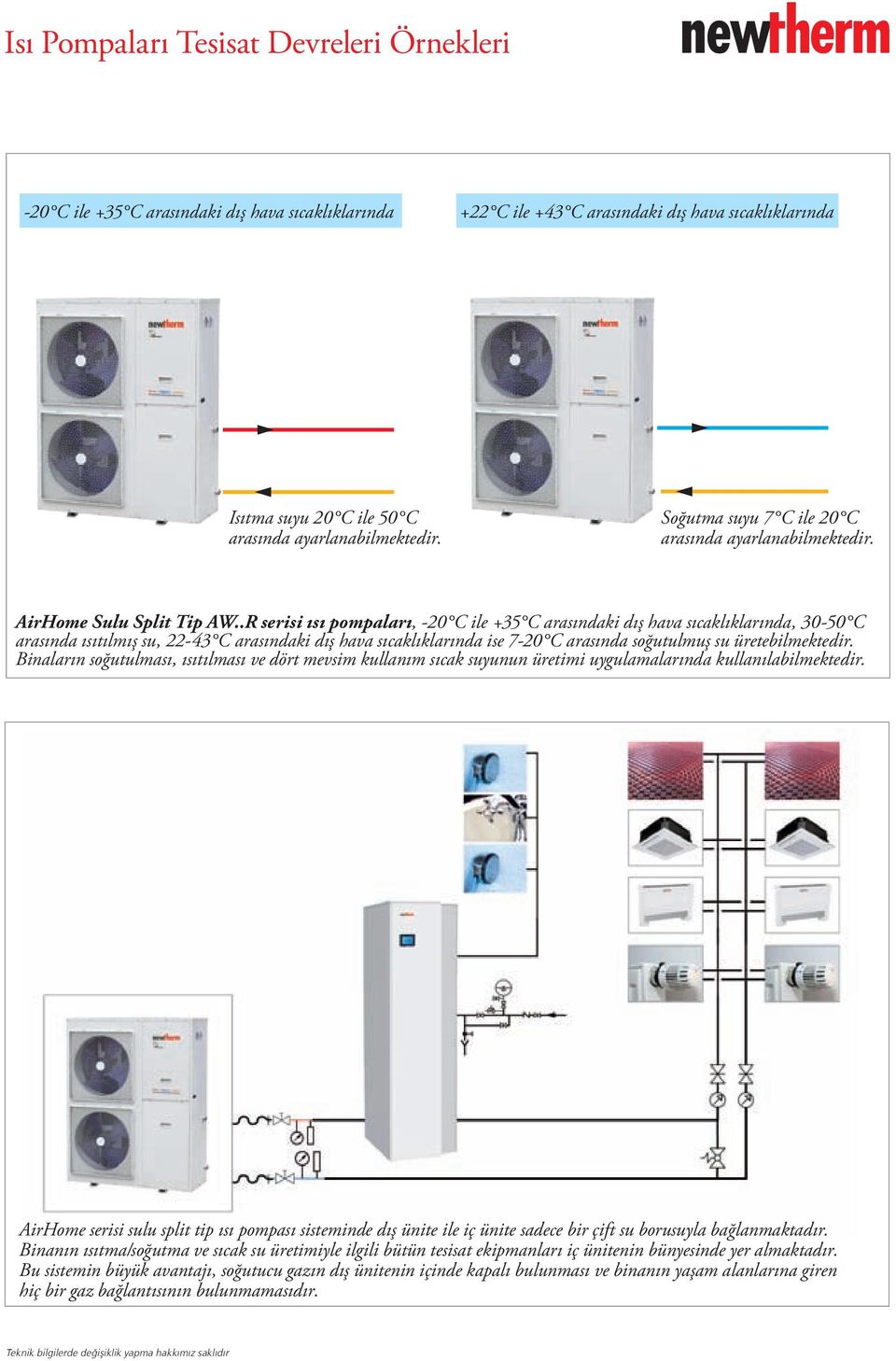 .R serisi ısı pompaları, -20 C ile +35 C arasındaki dış hava sıcaklıklarında, 30-50 C arasında ısıtılmış su, 22-43 C arasındaki dış hava sıcaklıklarında ise 7-20 C arasında soğutulmuş su