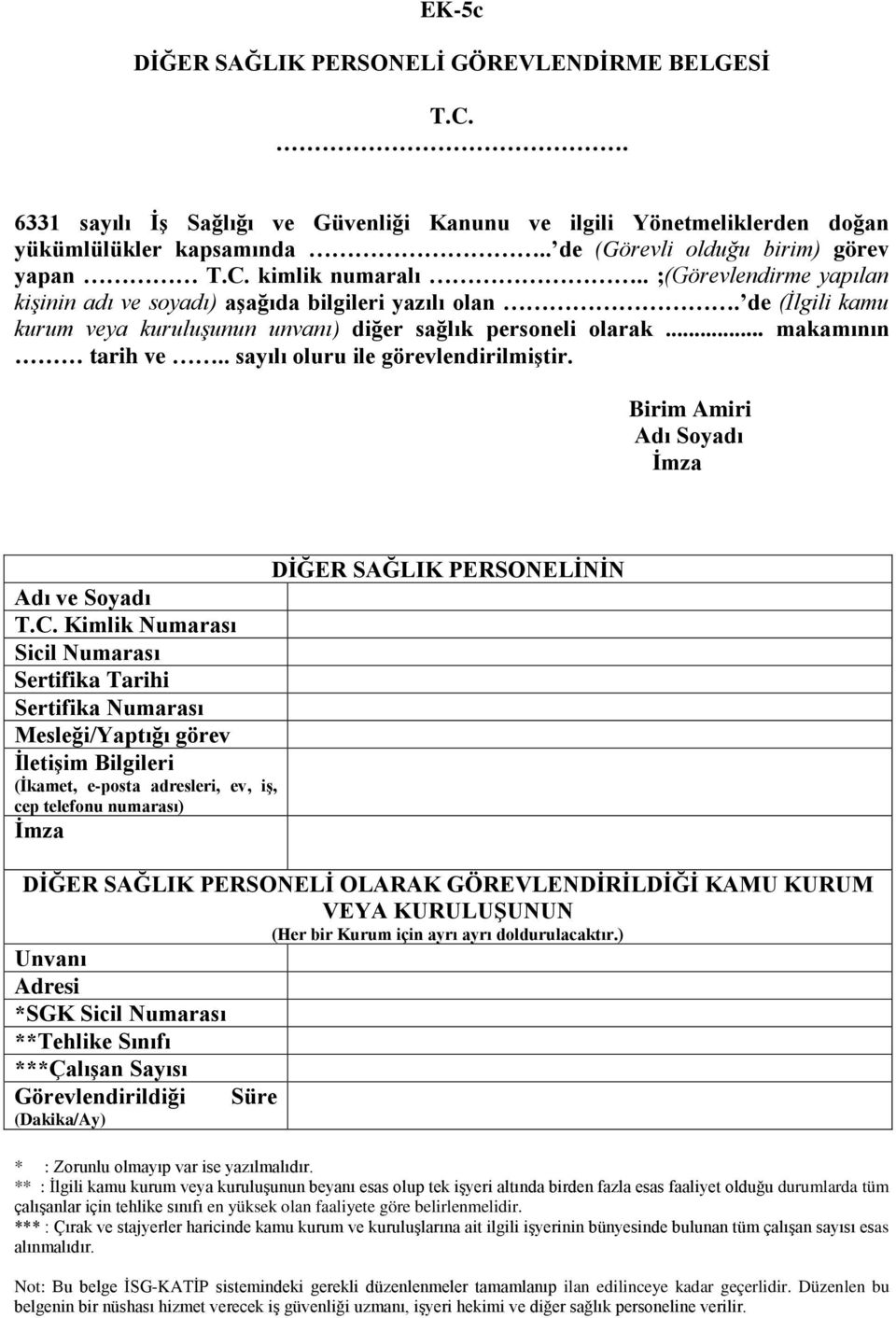 . sayılı oluru ile görevlendirilmiştir. Birim Amiri Adı Soyadı DİĞER SAĞLIK PERSONELİNİN Adı ve Soyadı T.C.