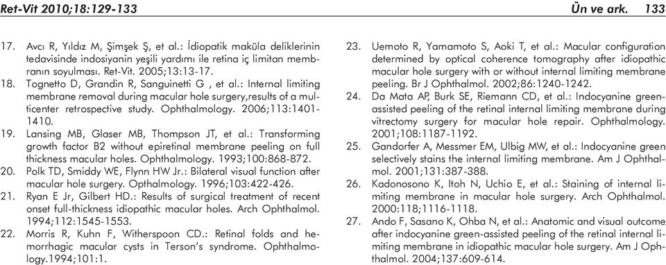 2006;113:1401-1410. 19. Lansing MB, Glaser MB, Thompson JT, et al.: Transforming growth factor B2 without epiretinal membrane peeling on full thickness macular holes. Ophthalmology. 1993;100:868-872.