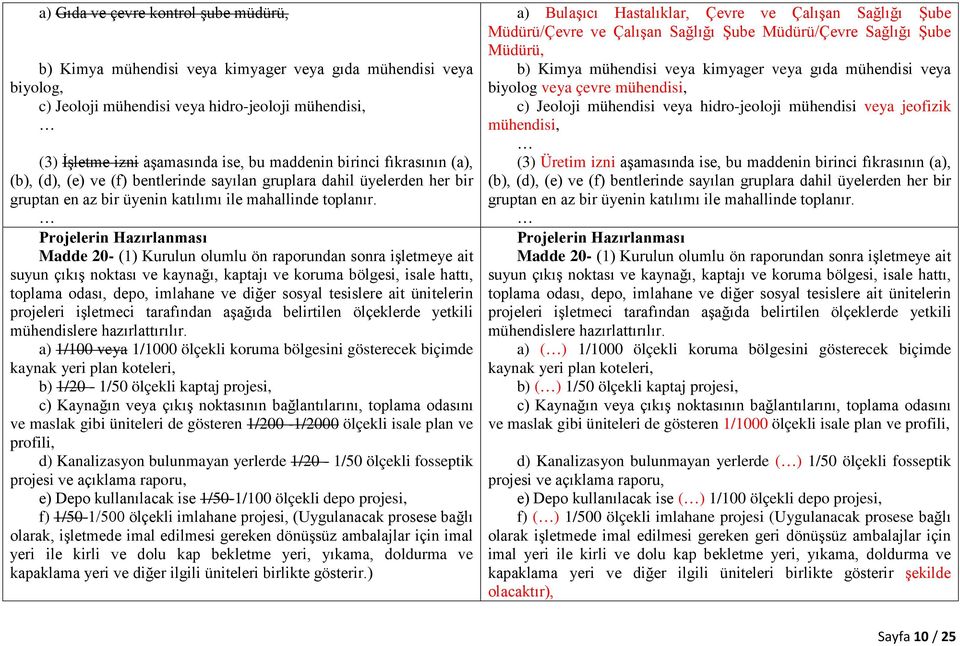 Projelerin Hazırlanması Madde 20- (1) Kurulun olumlu ön raporundan sonra işletmeye ait suyun çıkış noktası ve kaynağı, kaptajı ve koruma bölgesi, isale hattı, toplama odası, depo, imlahane ve diğer