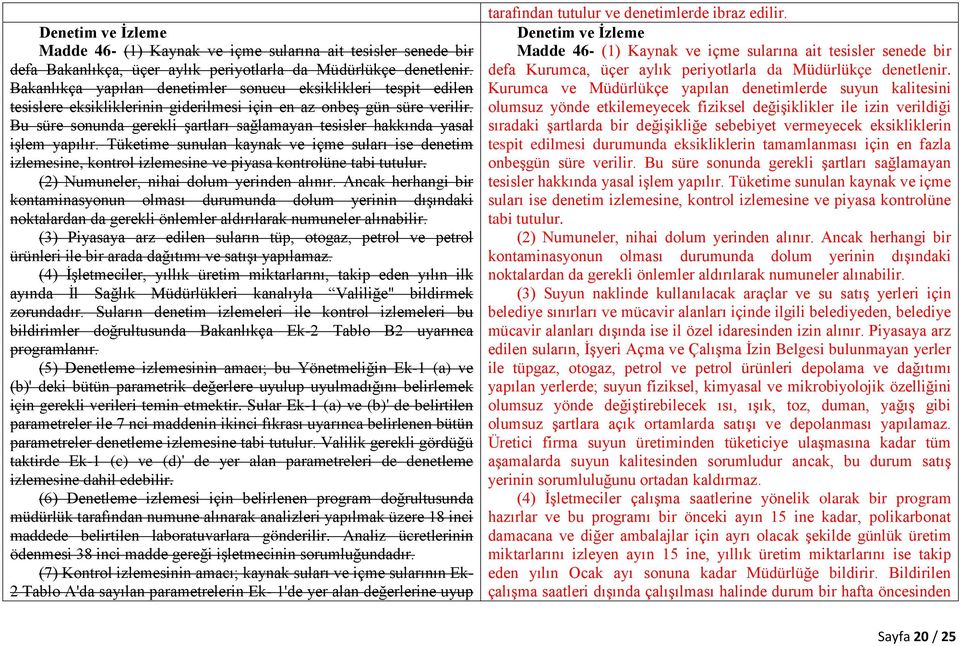 Bu süre sonunda gerekli şartları sağlamayan tesisler hakkında yasal işlem yapılır. Tüketime sunulan kaynak ve içme suları ise denetim izlemesine, kontrol izlemesine ve piyasa kontrolüne tabi tutulur.