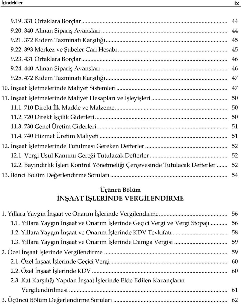 İnşaat İşletmelerinde Maliyet Hesapları ve İşleyişleri... 50 11.1. 710 Direkt İlk Madde ve Malzeme... 50 11.2. 720 Direkt İşçilik Giderleri... 50 11.3. 730 Genel Üretim Giderleri... 51 11.4.