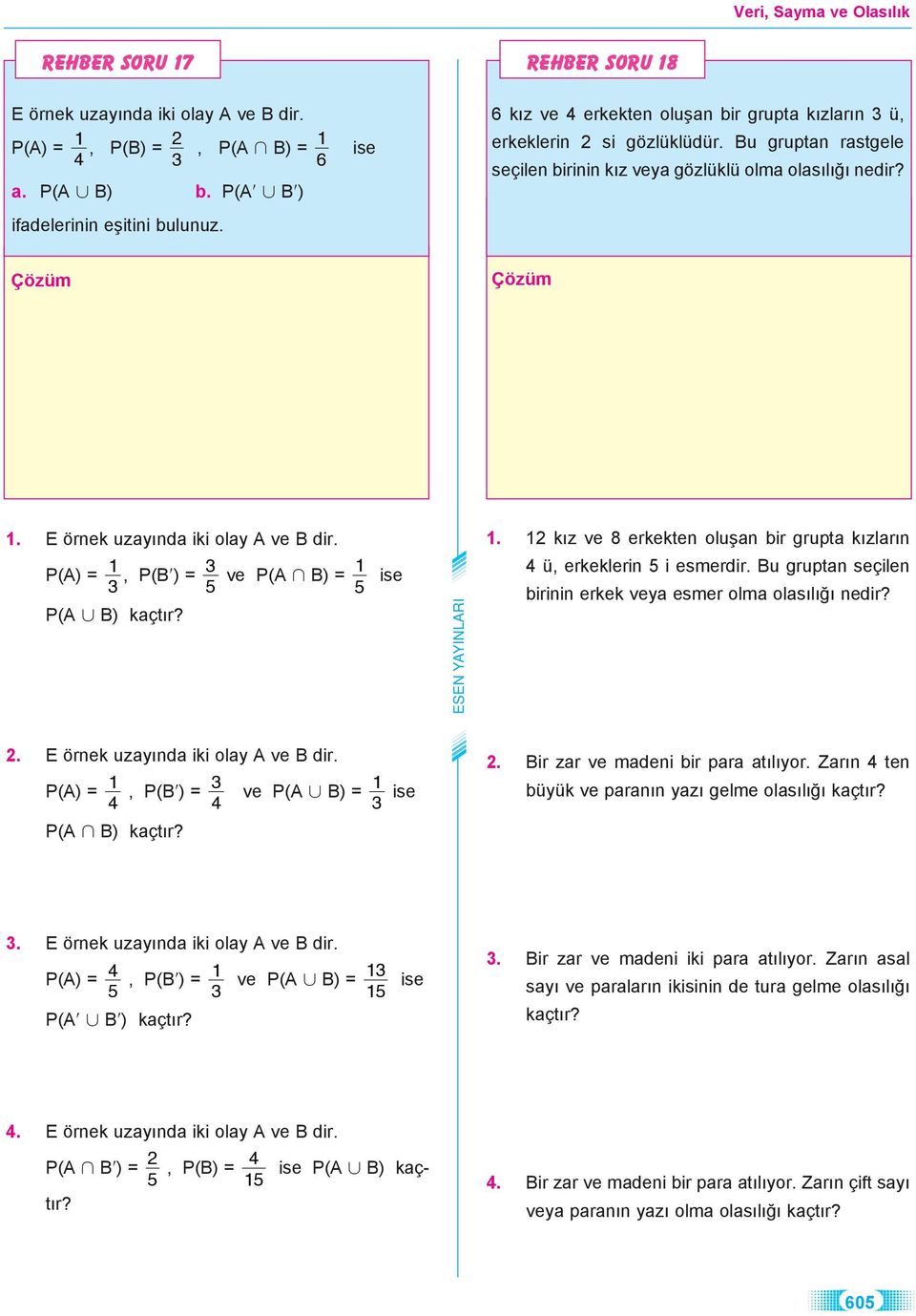 . kız ve 8 erkekten oluşan bir grupta kızların P(A) =, P(B ) = 5 ve P(A B) = 5 P(A B) kaçtır? ise 4 ü, erkeklerin 5 i esmerdir. Bu gruptan seçilen birinin erkek veya esmer olma olasılığı nedir?