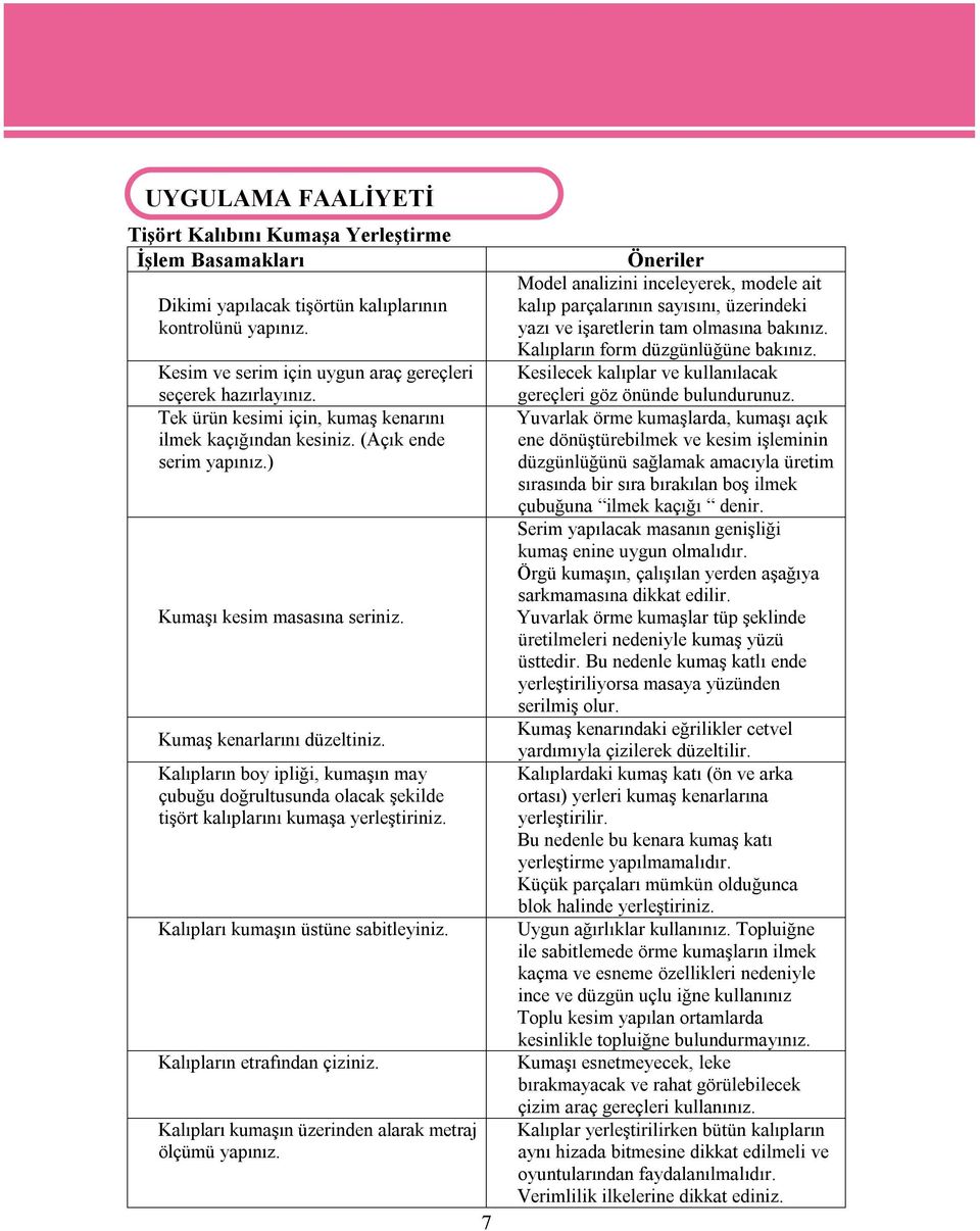 Kesim ve serim için uygun araç gereçleri Kesilecek kalıplar ve kullanılacak seçerek hazırlayınız. gereçleri göz önünde bulundurunuz.